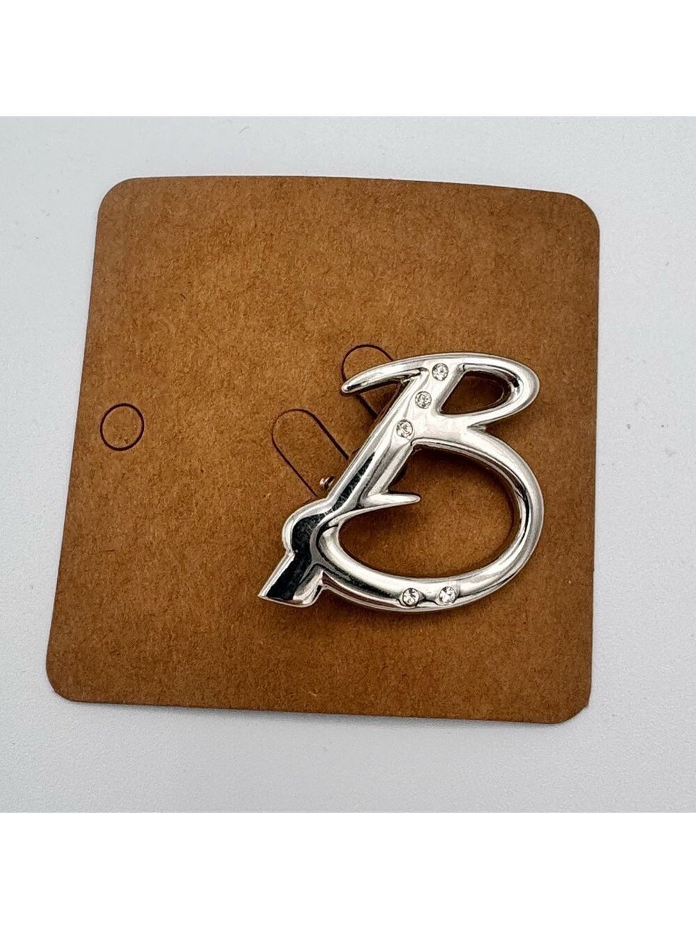 Silver Tone “B” Initial Brooch with Rhinestones 1.5”
